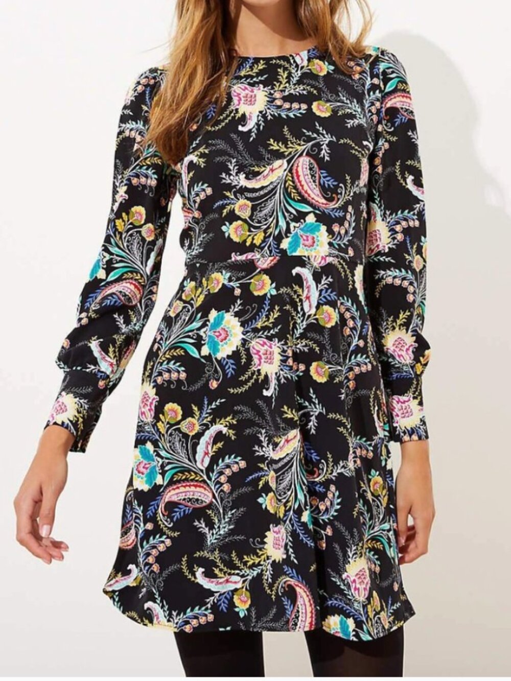 ANN TAYLOR LOFT Floral Flare Dress Black Multi Boho Long Sleeve Fit Flare Dress